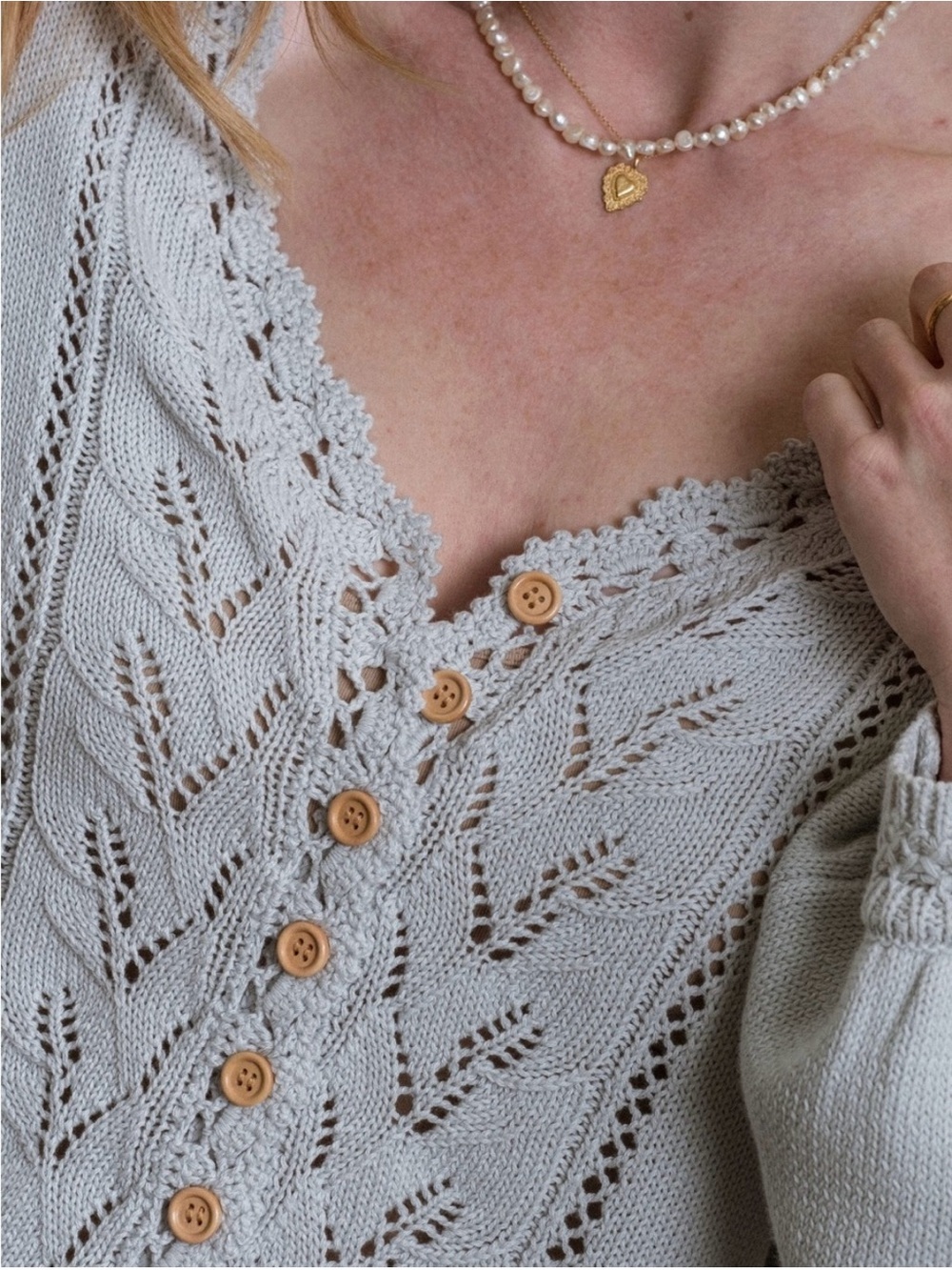 Light Gray Lace-Knit Button-Front Cardigan Sweater